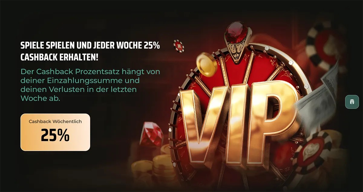 A German promotional banner for Royal Tiger casino advertising a 25% weekly cashback (