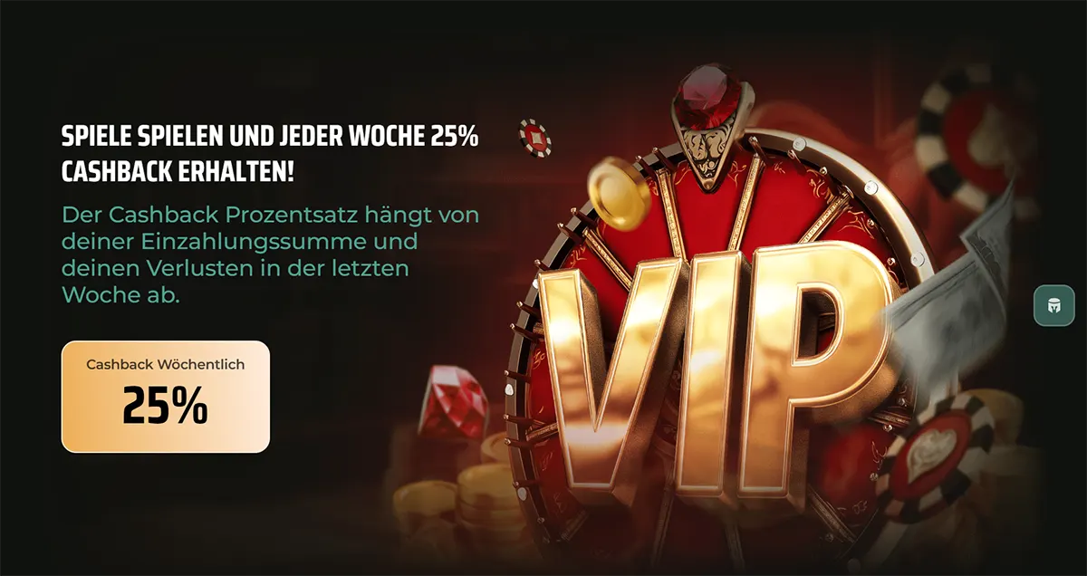A German promotional banner for Royal Tiger casino advertising a 25% weekly cashback (