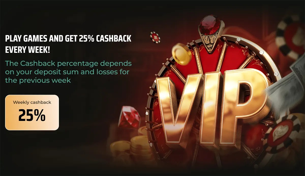 An English promotional banner for Royal Tiger casino advertising a 25% Weekly Cashback offer for VIP players, noting that the percentage depends on the previous week