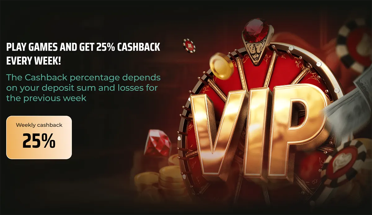 An English promotional banner for Royal Tiger casino advertising a 25% Weekly Cashback offer for VIP players, noting that the percentage depends on the previous week's deposits and losses.
