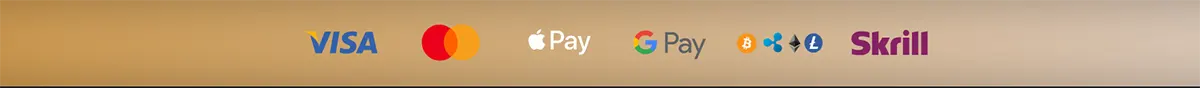 A row of secure payment method logos including Visa, Mastercard, Apple Pay, Google Pay, various cryptocurrencies (Bitcoin, Ripple, Ethereum, Litecoin), and Skrill on a gold gradient background.