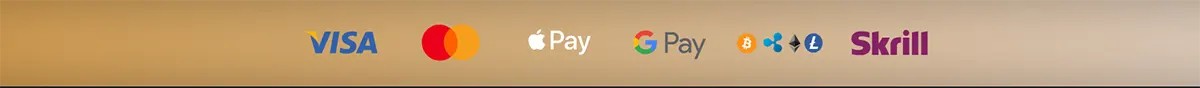 A row of secure payment method logos including Visa, Mastercard, Apple Pay, Google Pay, various cryptocurrencies (Bitcoin, Ripple, Ethereum, Litecoin), and Skrill on a gold gradient background.