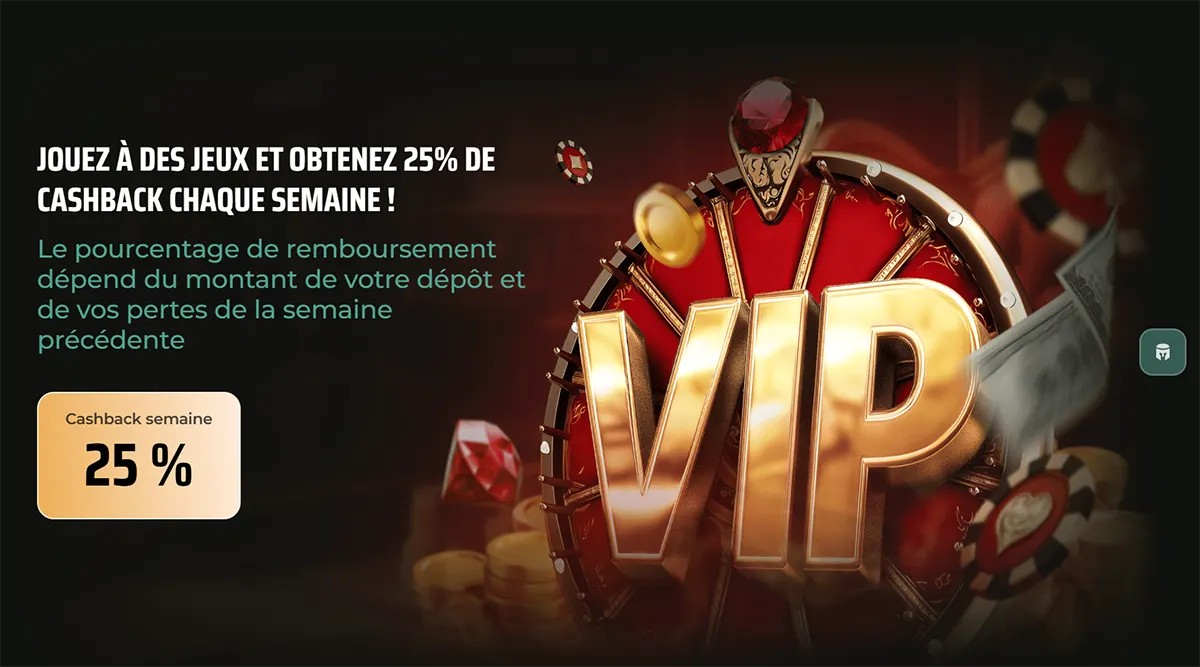 A French promotional banner for Royal Tiger casino advertising a 25% weekly cashback (