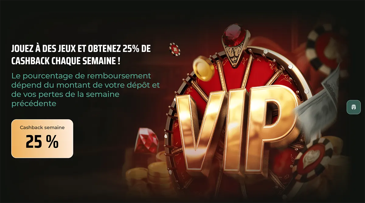 A French promotional banner for Royal Tiger casino advertising a 25% weekly cashback (