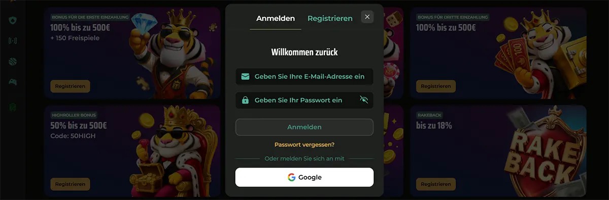 A German login pop-up for Royal Tiger casino featuring