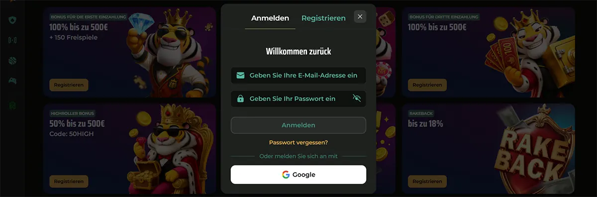 A German login pop-up for Royal Tiger casino featuring 