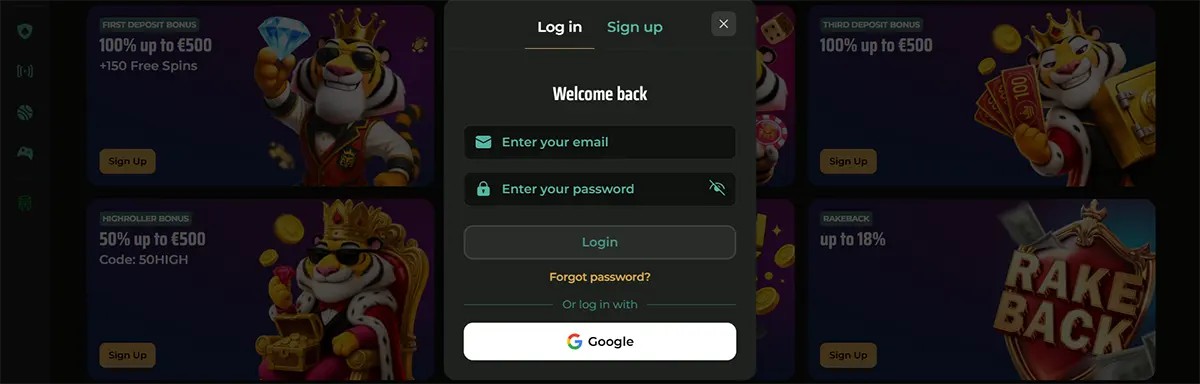 An English login pop-up for Royal Tiger casino featuring