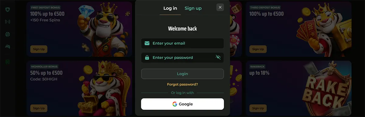 An English login pop-up for Royal Tiger casino featuring 