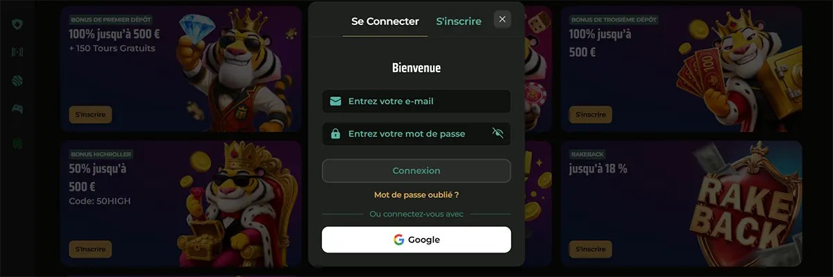 A French login pop-up for Royal Tiger casino featuring