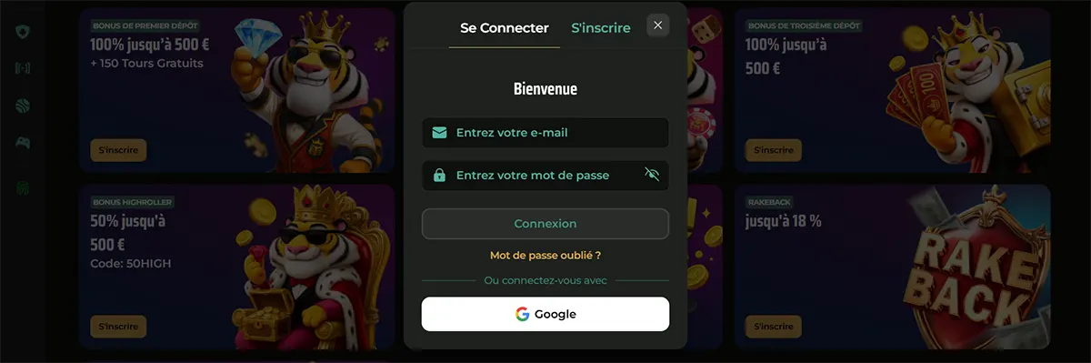 A French login pop-up for Royal Tiger casino featuring 